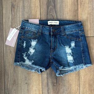 Women's Dark Blue Distressed Denim Shorts